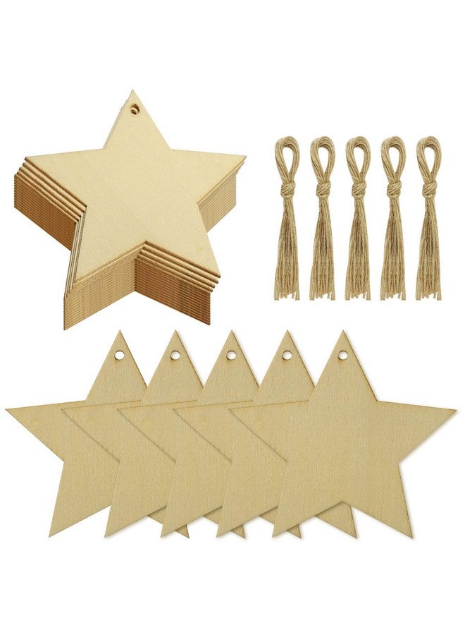obmwang 50 Pieces Natural Wooden Star Cutouts Unfinished Predrilled Wooden Star Embellishments With Natural Twine For Christmas Diy Craft Party Decoration - Image 1