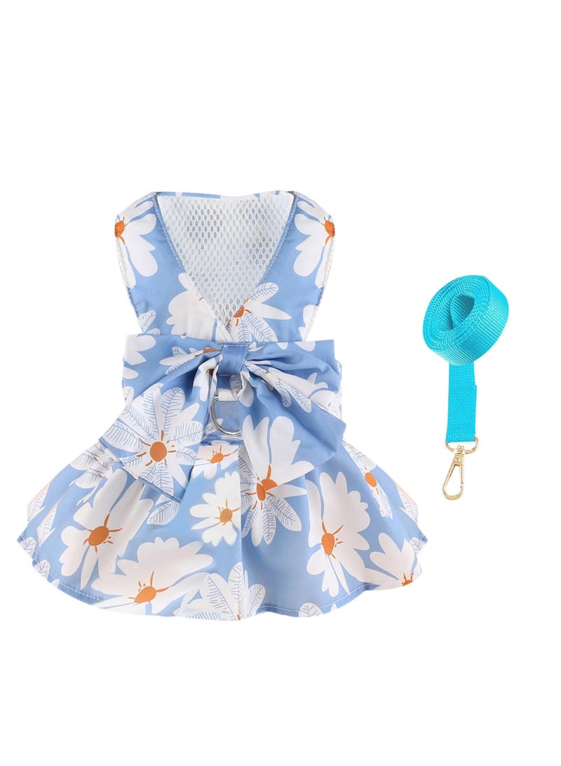 A.M Small Dog Harness Dress and Leash Set Cute Bowknot Puppy Cat Princess Dress Girl Pet Dog Clothes Soft Mesh Floral Print Female Dog Dress for Shihtzu, Papillon etc (Size: L, Chest: 45cm) - Image 1