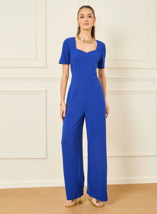 ستايلي Textured Knit Sweetheart Neck Wide Leg Jumpsuit