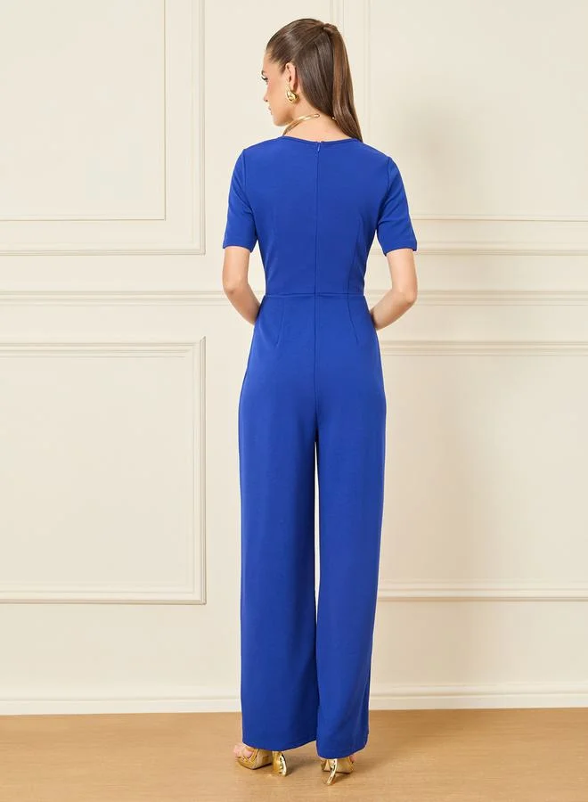 ستايلي Textured Knit Sweetheart Neck Wide Leg Jumpsuit