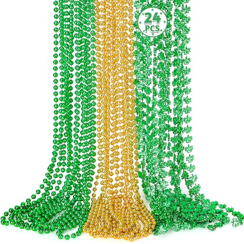 Huskein 24 PCS St Particks Day Necklaces Plastic St Patricks Day Necklace Green and Gold Beads Shamrocks Necklace Irish Beer Decorations Supplies Shamrocks Bead Necklace Set St Patricks Day Accessories - Image 1
