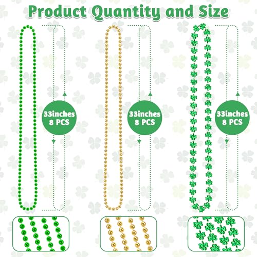 Huskein 24 PCS St Particks Day Necklaces Plastic St Patricks Day Necklace Green and Gold Beads Shamrocks Necklace Irish Beer Decorations Supplies Shamrocks Bead Necklace Set St Patricks Day Accessories - Image 5