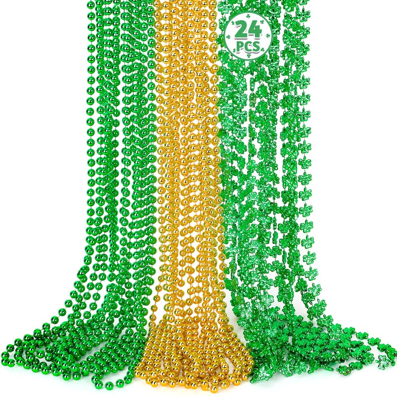 Huskein 24 PCS St Particks Day Necklaces Plastic St Patricks Day Necklace Green and Gold Beads Shamrocks Necklace Irish Beer Decorations Supplies Shamrocks Bead Necklace Set St Patricks Day Accessories - Image 3