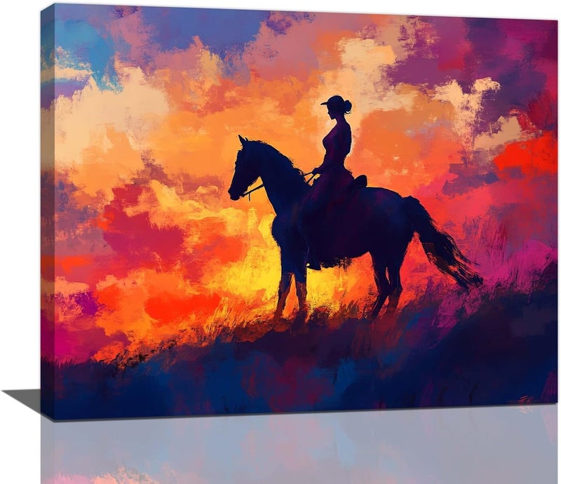 Fuzawet Horse Canvas Wall Art - Western Cowgirl Sunset - Image 1