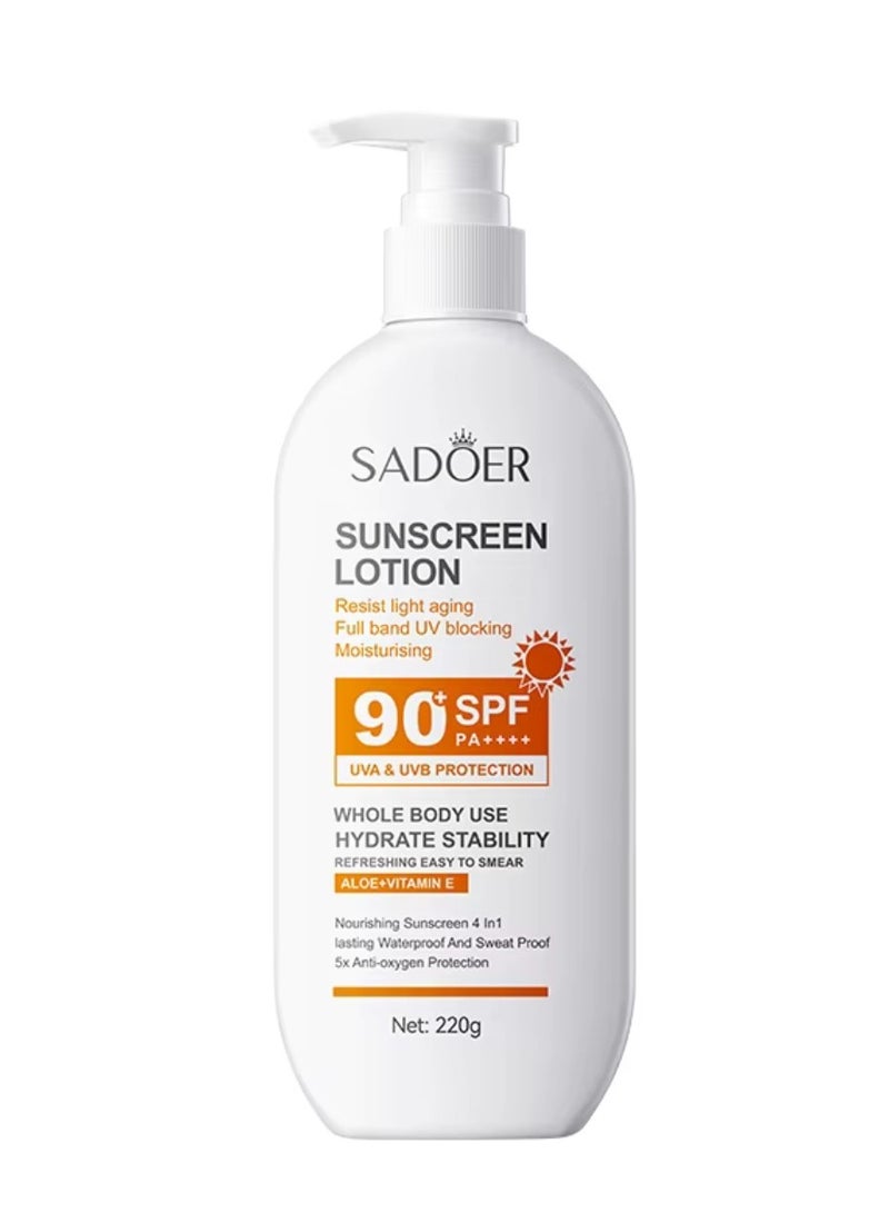 SADOER 220 جرام لوشن واقي من الشمس حماية قوية من الشمس لوشن مرطب للجسم واقي من الشمس SPF 90 كريم واقي من الشمس مضاد للشيخوخة مقاوم للماء ومرطب واقي من الشمس حماية منعشة غليسرين واقي من الشمس للوجه والجسم - Image 1