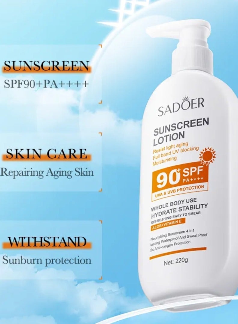 SADOER 220 جرام لوشن واقي من الشمس حماية قوية من الشمس لوشن مرطب للجسم واقي من الشمس SPF 90 كريم واقي من الشمس مضاد للشيخوخة مقاوم للماء ومرطب واقي من الشمس حماية منعشة غليسرين واقي من الشمس للوجه والجسم - Image 2