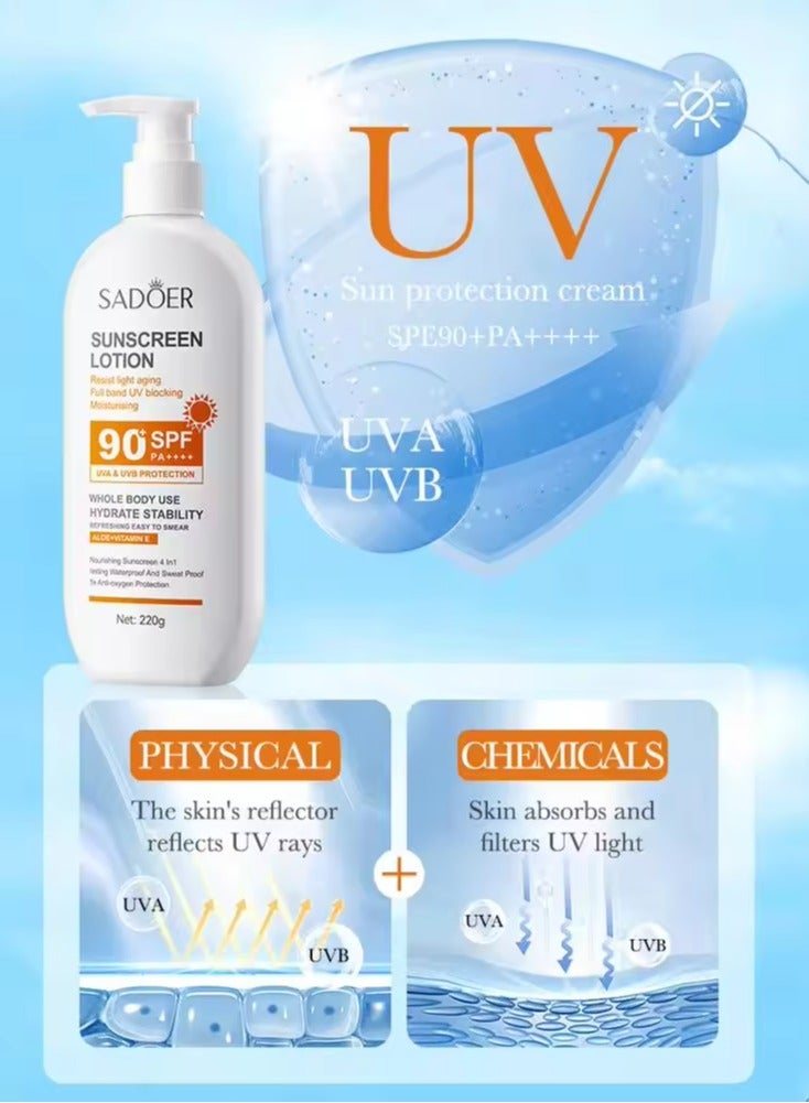 SADOER 220 جرام لوشن واقي من الشمس حماية قوية من الشمس لوشن مرطب للجسم واقي من الشمس SPF 90 كريم واقي من الشمس مضاد للشيخوخة مقاوم للماء ومرطب واقي من الشمس حماية منعشة غليسرين واقي من الشمس للوجه والجسم - Image 5