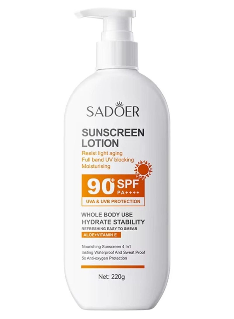 SADOER 220g Sunscreen Lotion Powerful Sun Protection Hydrating Body Sunscreen Lotion SPF 90 Anti Aging Face Sunblock Cream Waterproof and Moisturizing Sunscreen Refreshing Protection Glycerin Face and Body Sunscreen - Image 1