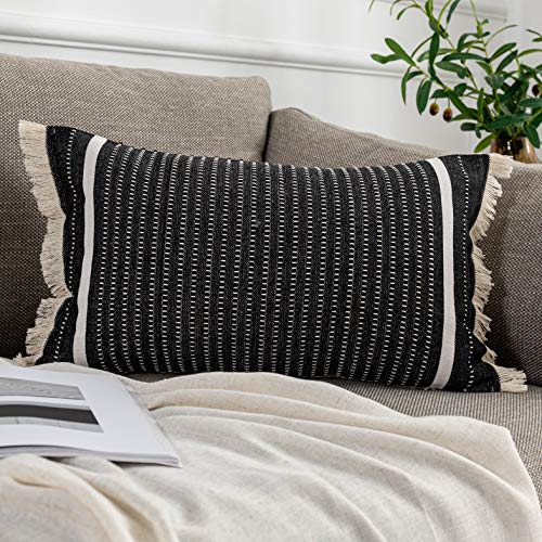 OJIA Modern Throw Pillow Cover with Tassels, Decorative Liana Fringe Accent Cushion Case, Farmhouse Woven Pillowcase for Sofa Chair Couch Bed Decor (Lumbar 12 x 20 Inches, Black) - Image 1