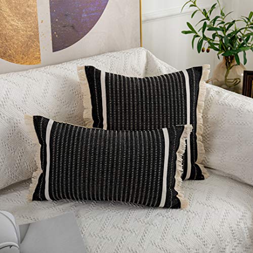 OJIA Modern Throw Pillow Cover with Tassels, Decorative Liana Fringe Accent Cushion Case, Farmhouse Woven Pillowcase for Sofa Chair Couch Bed Decor (Lumbar 12 x 20 Inches, Black) - Image 5