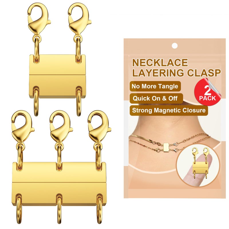 Bonison Necklace Layering Clasp, 18K Gold Plated Magnetic Necklace Separator & Extender for Women, Double & Triple Chain Connector for Layered Necklaces, 2-Pack (Gold) - Image 1