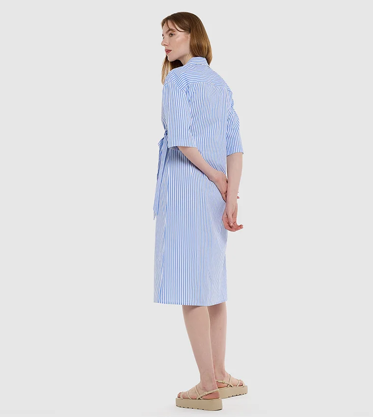 بي سي بي جي BCBG Wrap Around Shirt Dress In Stripe Poplin