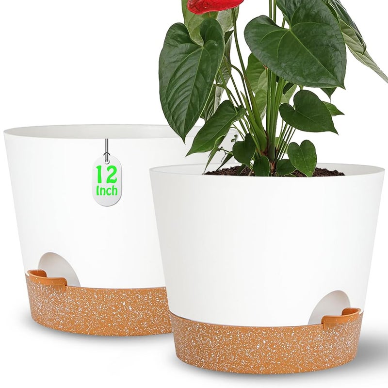 SE SUN-E 12+12Inch 2Pack Large Flower Pots for Indoor/Outdoor Plants,Self Watering Planters with Reservoir and Drainage Hole White Plastic Planting Pots Modern Home Decor Gift Idea - Image 1