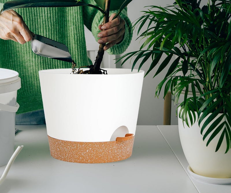 SE SUN-E 12+12Inch 2Pack Large Flower Pots for Indoor/Outdoor Plants,Self Watering Planters with Reservoir and Drainage Hole White Plastic Planting Pots Modern Home Decor Gift Idea - Image 5