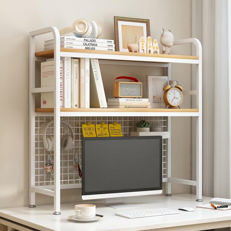 IOTXY 2-Tier Desktop Hutch Bookshelf - Metal Desk Shelf Bookcase with Grid Panel, Countertop Storage Organizer Rack for Dorm or Office, White, 37.4" W - Image 1