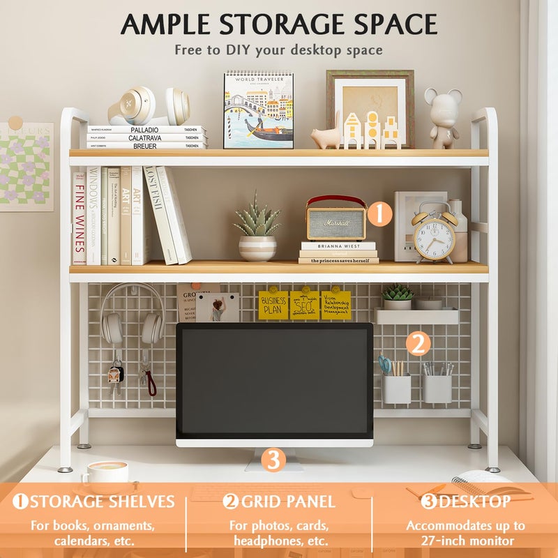 IOTXY 2-Tier Desktop Hutch Bookshelf - Metal Desk Shelf Bookcase with Grid Panel, Countertop Storage Organizer Rack for Dorm or Office, White, 37.4" W - Image 3