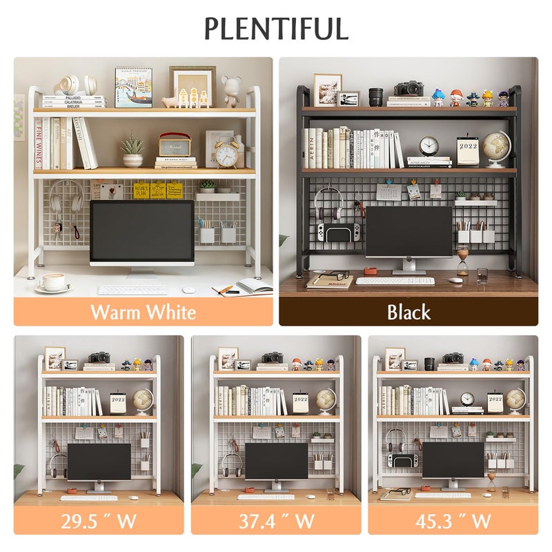 IOTXY 2-Tier Desktop Hutch Bookshelf - Metal Desk Shelf Bookcase with Grid Panel, Countertop Storage Organizer Rack for Dorm or Office, White, 37.4" W - Image 5