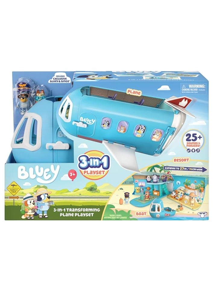 بلوي مجموعة لعب بلووي 3 في 1 طائرة قابلة للتحول | تتحول من طائرة إلى منتجع وقارب | منتجع عطلات بعرض 70 سم مع أكثر من 25 صوتًا وعبارة | لعبة خيالية ممتعة للأطفال - Image 1
