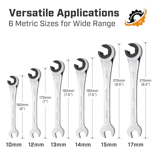 ironcube Brake Line Wrench Set: Metric 10-17mm - Ratcheting Open-end for Nuts on Fuel, Brake or Air Conditioning Lines - Image 2