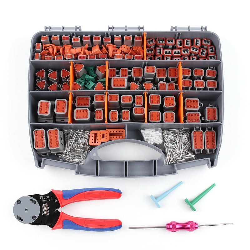 Flytuo Deutsch Connectors Kit with Crimping Tool  636PCS 2346812 Pin DT Connectors Removal Tool Size 16 Solid Terminal Contacts 1418 AWG Grey