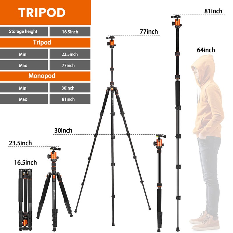 Victiv 82" Tall Camera Tripod Heavy Duty, Victiv Aluminum DSLR Tripod Monopod for Photography Travel, Professional Camera Stand for Spotting Scope Telescope Binocular - Image 3