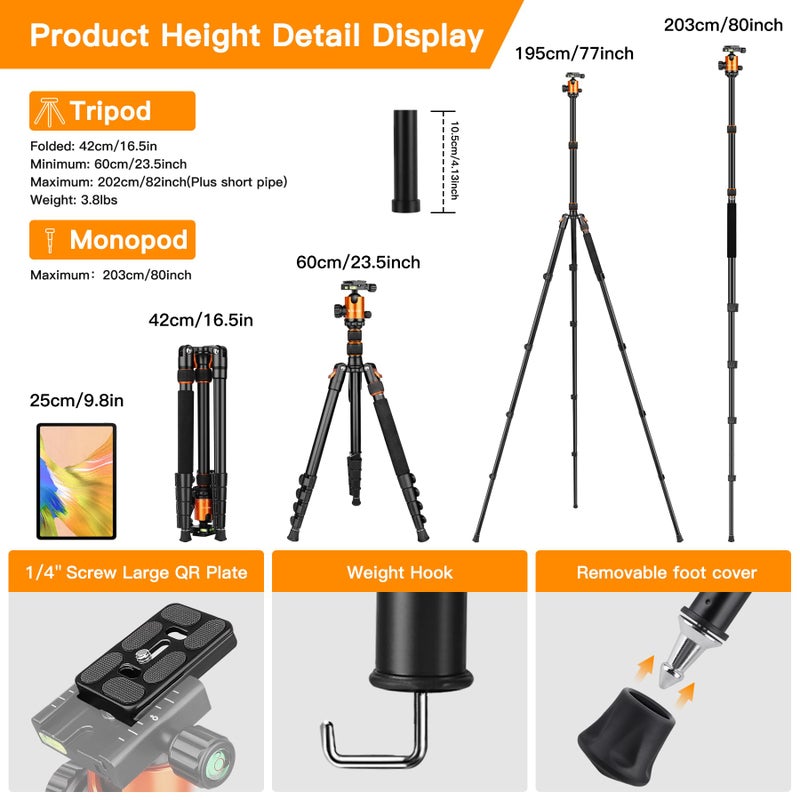 Victiv 82" Tall Camera Tripod Heavy Duty, Victiv Aluminum DSLR Tripod Monopod for Photography Travel, Professional Camera Stand for Spotting Scope Telescope Binocular - Image 2