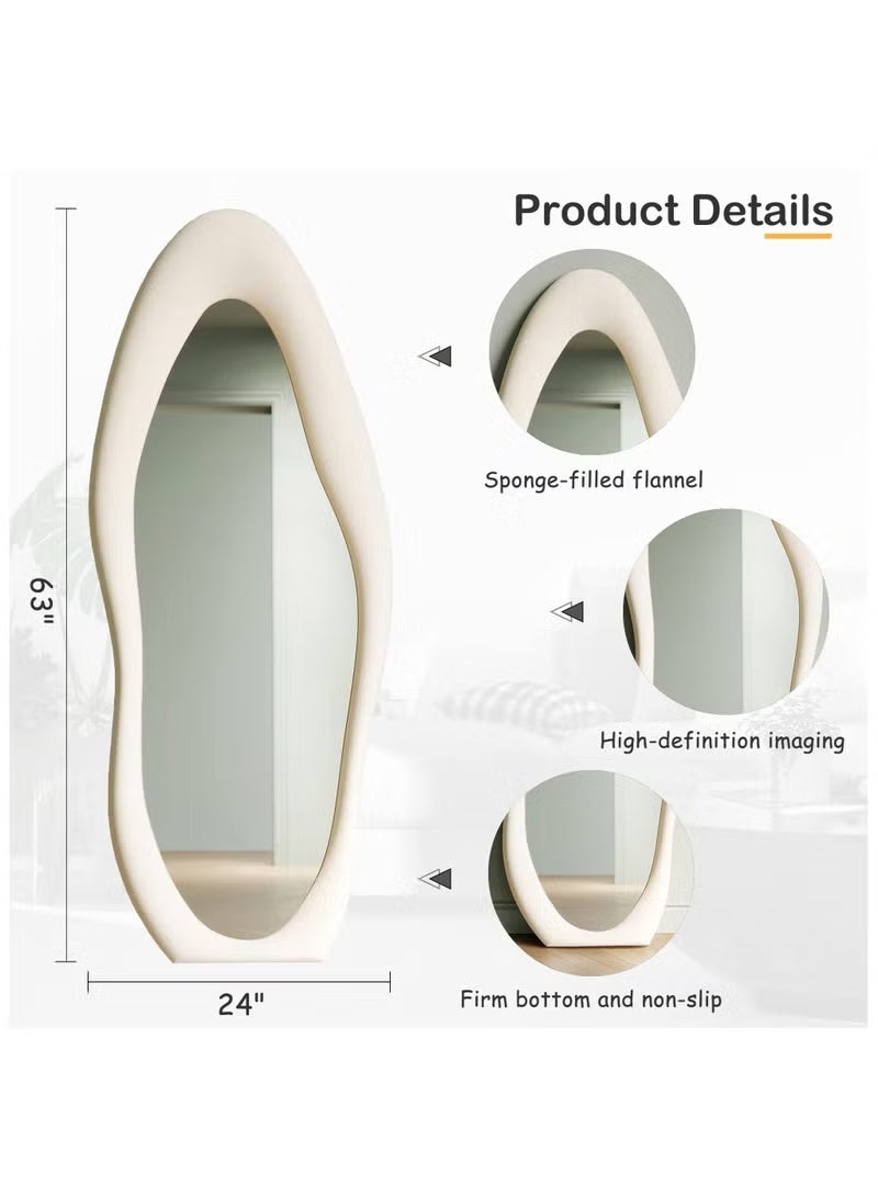 Vphom Full Length Wavy Mirror, 63" x 24" Irregular Floor Mirror with Flannel-Wrapped Wooden Frame, Wall-Mounted or Leaning Body Mirror for Bedroom, Living Room, Cloakroom & Hallway (White, 160 x 60 cm) - Image 4