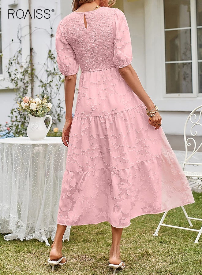 roaiss Women's Floral Lace Flowy Midi Dresses Ladies Summer Short Puff Sleeve Crewneck Smocked High Waist a Line Tiered Maxi Dresses Suitable for Commuting Travel Party Dress  - Image 3