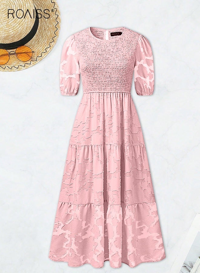 roaiss Women's Floral Lace Flowy Midi Dresses Ladies Summer Short Puff Sleeve Crewneck Smocked High Waist a Line Tiered Maxi Dresses Suitable for Commuting Travel Party Dress  - Image 5
