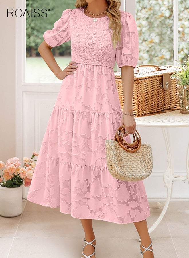 roaiss Women's Floral Lace Flowy Midi Dresses Ladies Summer Short Puff Sleeve Crewneck Smocked High Waist a Line Tiered Maxi Dresses Suitable for Commuting Travel Party Dress  - Image 1