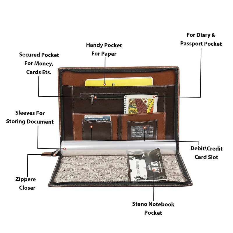 ECLET حافظة مستندات بحجم B4 للشهادات، حامل أوراق قانونية من مادة جلدية صناعية مقاومة للماء، حافظة مكتبية بسلسلة مع 20 ورقة، بني - Image 5