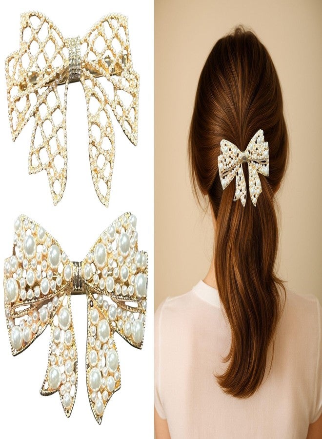 Luxelocks Pack of 2 pcs Elegant Pearl Bow Hair Clip, Gold-Toned Metal Frame, Decorative Hair Accessory for Special Occasions - Image 1