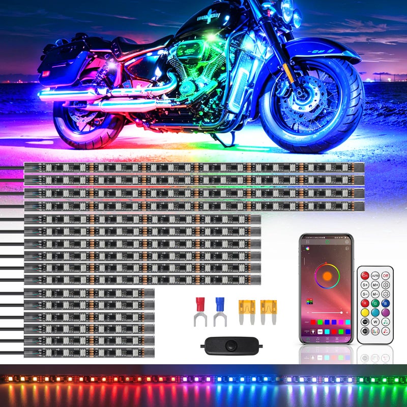 16PCS Chasing Effect Motorcycle RGB LED Lights Kit with APPRF Remote Brake Turn Signal Dreamcolor Motorcycle LED Underglow Light Strips kit Multi Color Underbody 12v Waterproof for Harley Honda