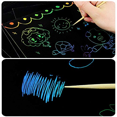 PLUSPOINT Scratch Note Books, 10 Pages Rainbow Scratch Art Book Magic Doodle Scratch Painting Sketch Art Drawing Notepads with Wooden Stylus for Kids Arts and Crafts Perfect Travel Activity (8) - Image 3