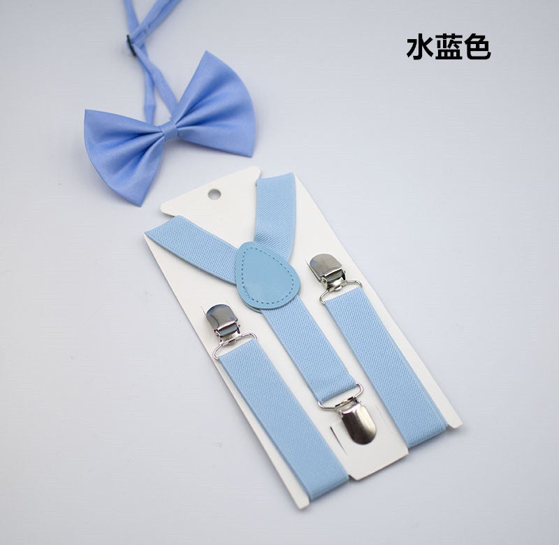 Kids Unisex Solid Y-Back Suspenders Bowtie Set Water Blue 