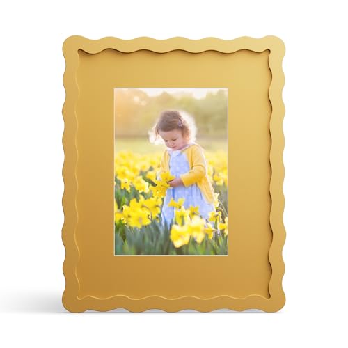 THKRLOF 8x10 Picture Frame with Mat for 5x7 Wavy Edge Wooden Real Glass Photo Frame for Tabletop and Wall Hanging Yellow 1 Pack - Image 1