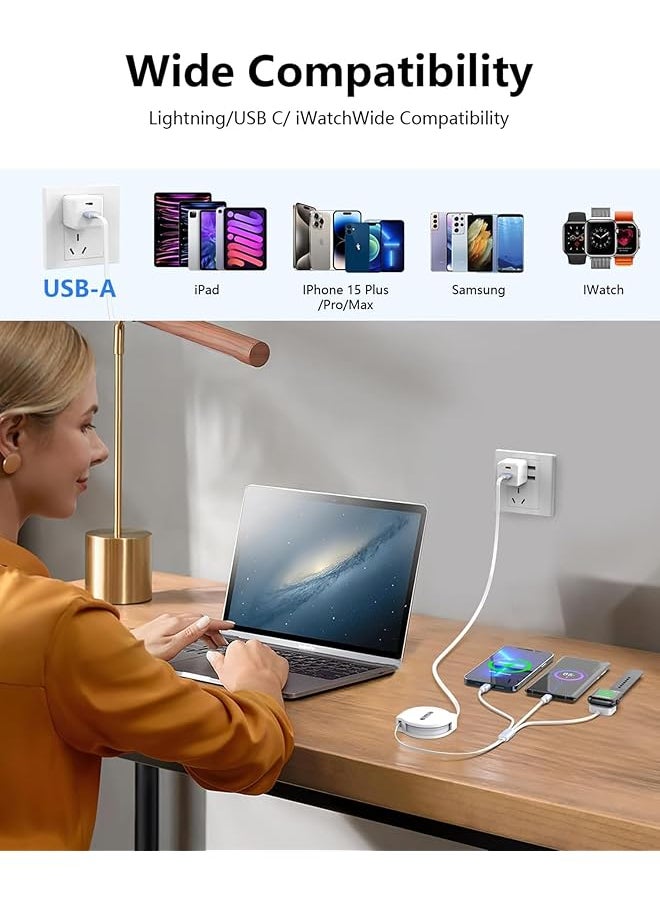 erorex - 4Ft Retractable Phone Iwatch Charger Cord Upgraded Multi 3 In 1 Usb Charger For Iwatch Charger+Lightning + Type C Compatible With Iwatch Ultra Se 9 8 7 6 5 4 3 2 1 Phone Glaxy Pad White - Image 1