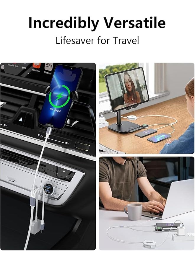 erorex - 4Ft Retractable Phone Iwatch Charger Cord Upgraded Multi 3 In 1 Usb Charger For Iwatch Charger+Lightning + Type C Compatible With Iwatch Ultra Se 9 8 7 6 5 4 3 2 1 Phone Glaxy Pad White - Image 1