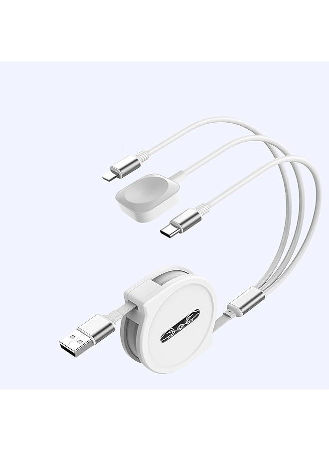 erorex - 4Ft Retractable Phone Iwatch Charger Cord Upgraded Multi 3 In 1 Usb Charger For Iwatch Charger+Lightning + Type C Compatible With Iwatch Ultra Se 9 8 7 6 5 4 3 2 1 Phone Glaxy Pad White - Image 1