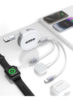 4Ft Retractable Phone Iwatch Charger Cord Upgraded Multi 3 In 1 Usb Charger For Iwatch Charger+Lightning + Type C Compatible With Iwatch Ultra Se 9 8 7 6 5 4 3 2 1 Phone Glaxy Pad White