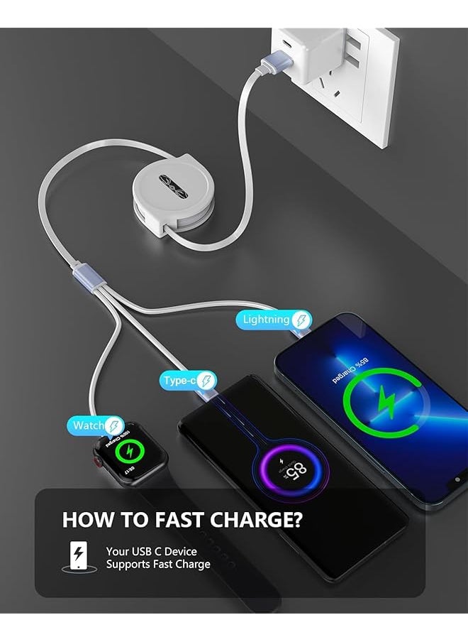 erorex - 4Ft Retractable Phone Iwatch Charger Cord Upgraded Multi 3 In 1 Usb Charger For Iwatch Charger+Lightning + Type C Compatible With Iwatch Ultra Se 9 8 7 6 5 4 3 2 1 Phone Glaxy Pad White - Image 1