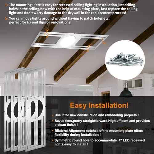 MULMART New Construction Mounting Plate, 4 Inch, LED Recessed Lighting Housing Kits, Flat Steel Rough in Bracket Fixture for LED Light Bar, 12PC Shallow Recessed Lighting Housing Plate - Image 5
