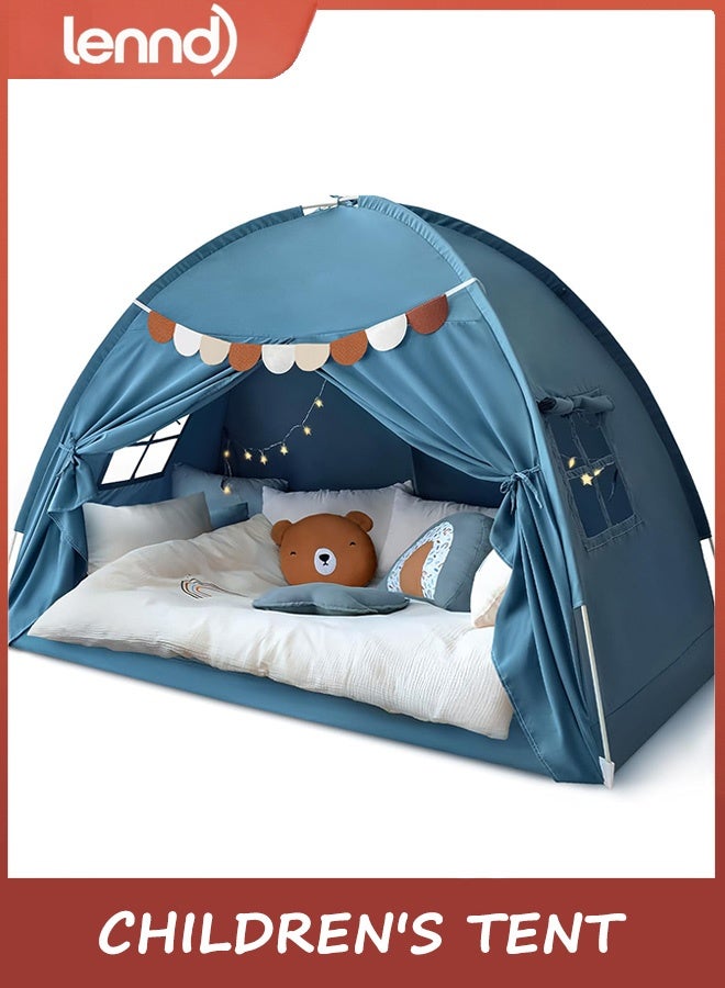 LENND Extra Large Kids Play Tent with Flags & Star Lights, Portable & Foldable arc shaped tent, Boys & Girls, Indoor Outdoor Dome Tent Playhouse,Blue Jean Color - Image 1