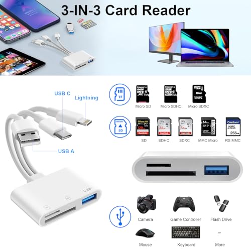Denlane SD Card Reader for iPhone iPad Mac, USB C & Lightning & USB-A 3 in 1 MircoSD/SD Adapter for Digital Camera USBC USB A Memory Card Reader for Apple All Device/Type C Phone/Laptop/Computer - Image 2