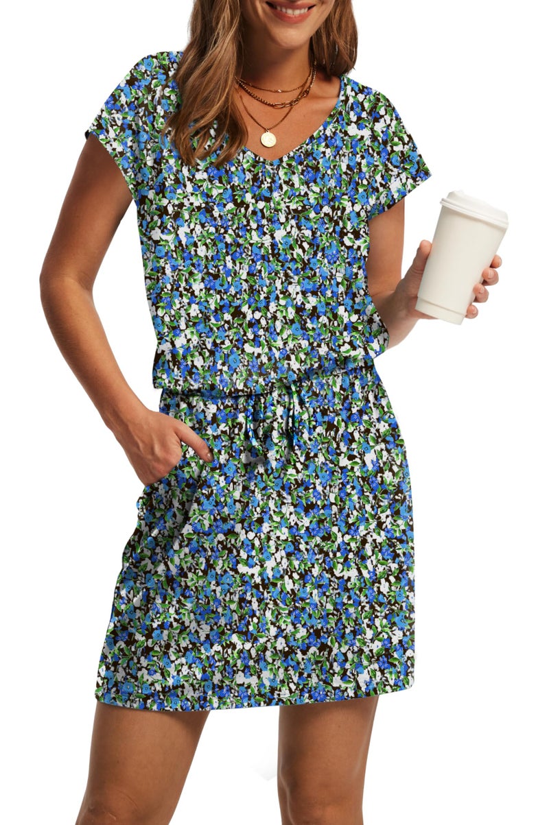OFEEFAN Summer Dresses for Women 2025 Loose V Neck Tie Front A-Line T Shirt Casual Dress Beach Fashion Floral S - Image 1