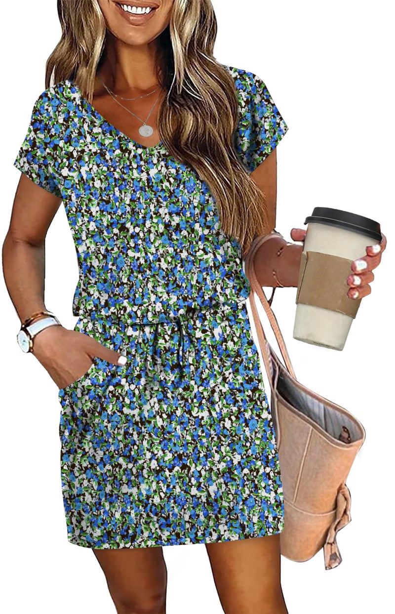 OFEEFAN Summer Dresses for Women 2025 Loose V Neck Tie Front A-Line T Shirt Casual Dress Beach Fashion Floral S - Image 2