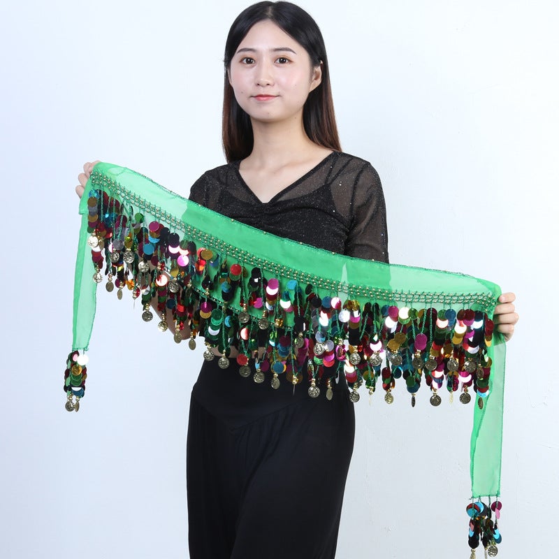 Belly dance waist chain hip towel skirt new Indian dance watch performance waist seal copper gong belt sequined tassel waist towel dance Green