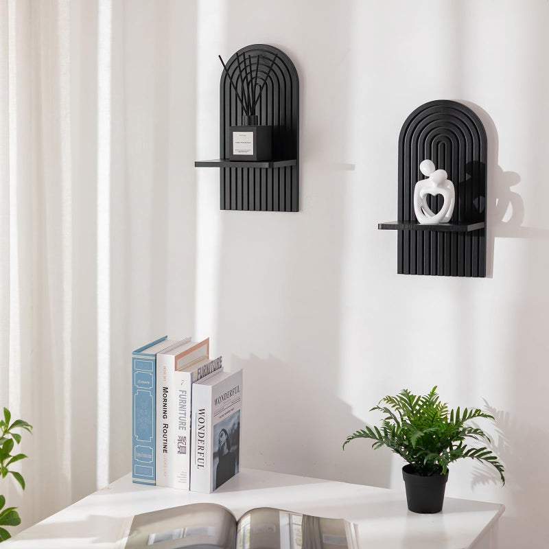 Walasis Black Boho Floating Shelves: Decorative Wall Shelves Display Plants Small Items Mid Century Modern MCM Wall Decor - Image 3