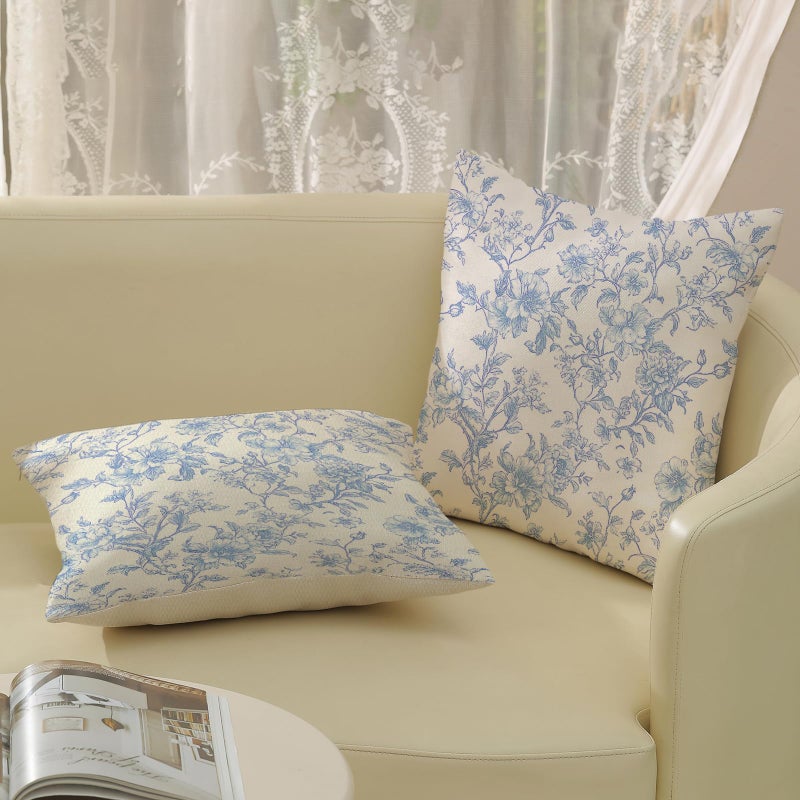 GOLIANDA Baby Blue Pillow Covers 18x18 Set of 2 Blue and Cream Floral Chinoiserie Throw Pillows Vintage Rustic Toile Flower Decorative Pillowcase Outdoor Chinoiserie Decor Cushion Case for Couch Sofa - Image 4