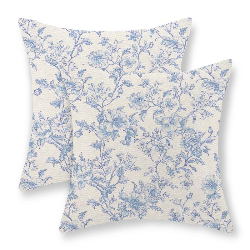 GOLIANDA Baby Blue Pillow Covers 18x18 Set of 2 Blue and Cream Floral Chinoiserie Throw Pillows Vintage Rustic Toile Flower Decorative Pillowcase Outdoor Chinoiserie Decor Cushion Case for Couch Sofa - Image 1